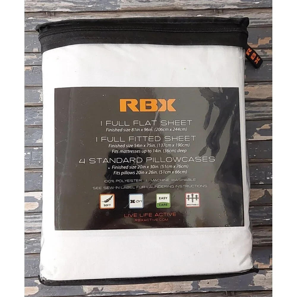 RBX Brand NEW Full Sheet Set in White 6 Piece Flat, Fitted, 4 Pillowcases